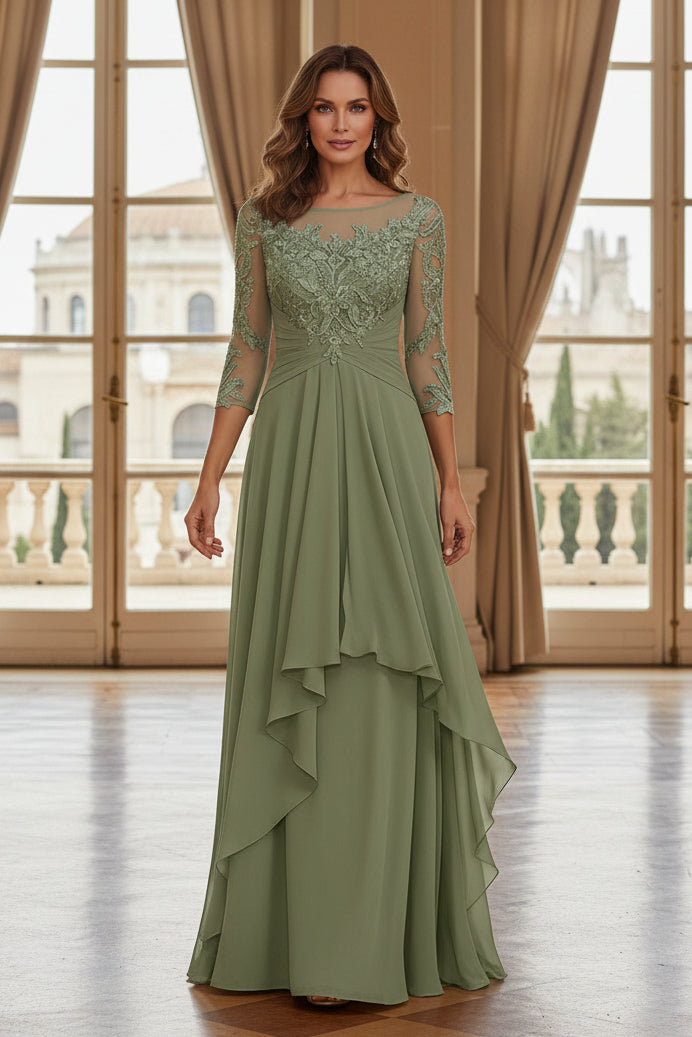 Lace Illusion 3/4 Sleeve Cascading Chiffon Gown