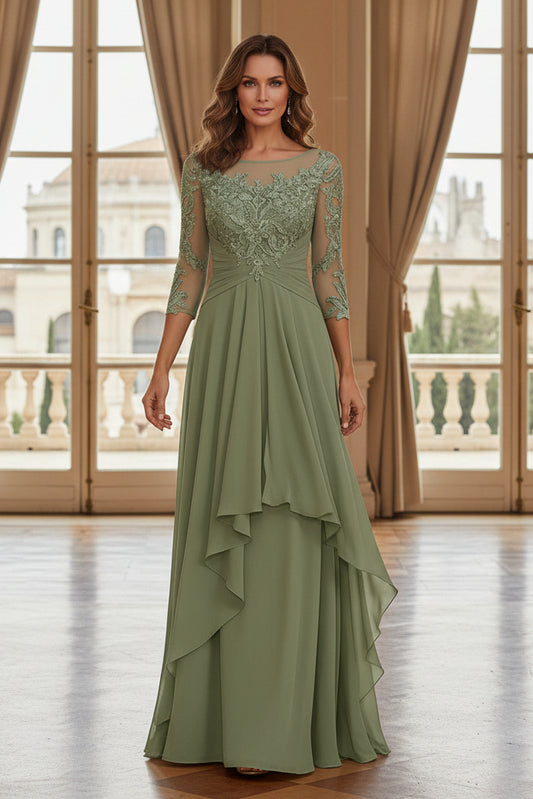Lace Illusion 3/4 Sleeve Cascading Chiffon Gown