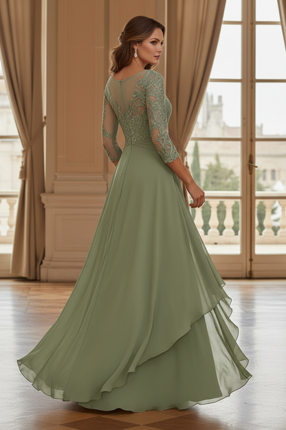 Lace Illusion 3/4 Sleeve Cascading Chiffon Gown