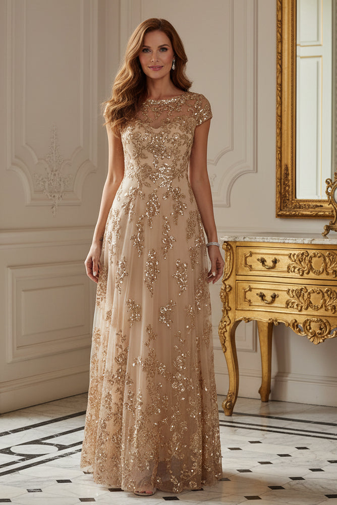 Sequin Floral Illusion A-Line Evening Gown, Cap Sleeves