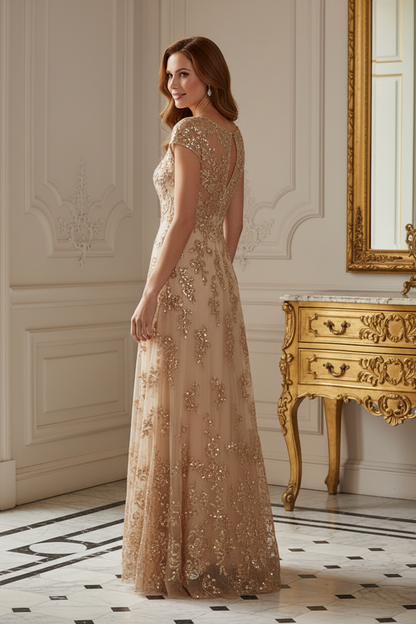 Sequin Floral Illusion A-Line Evening Gown, Cap Sleeves