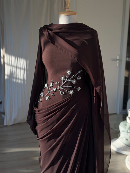 Draped Cape Sleeve Gown with Beaded Waist Detail
