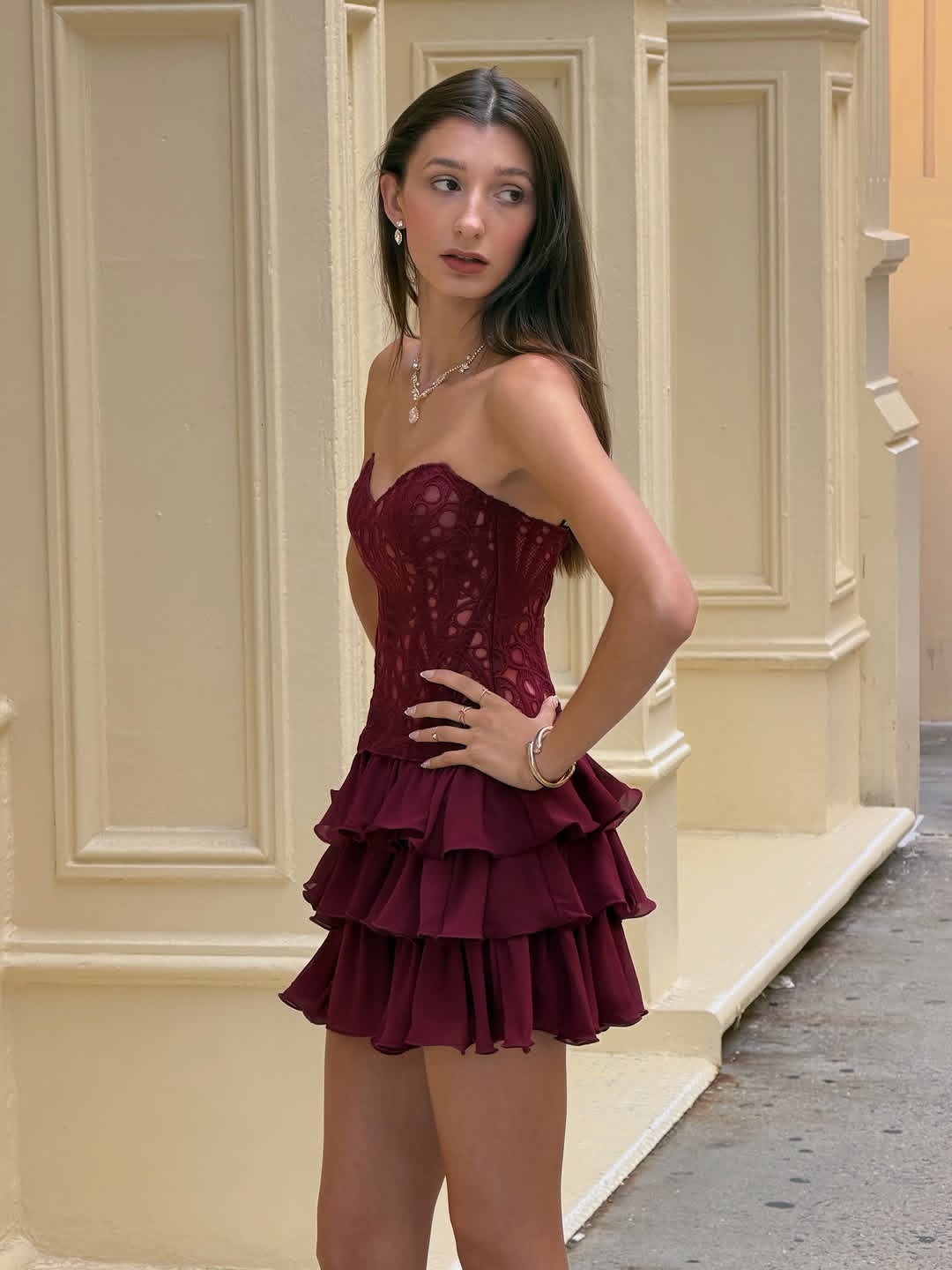 Strapless Lace Corset Tiered Ruffle Mini Dress