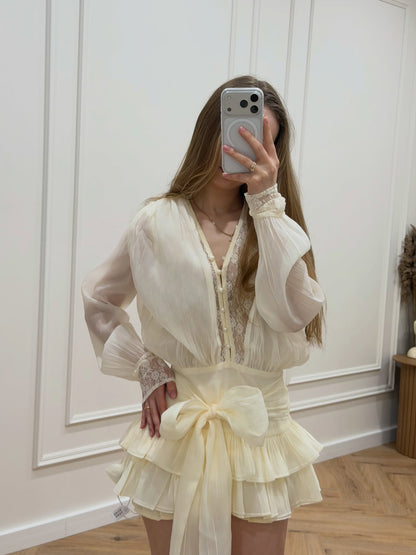 V-Neck Tiered Ruffled Mini Dress with Lace Details