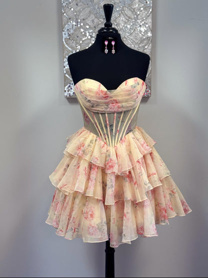Strapless Corset Tiered Ruffle Floral Mini Dress