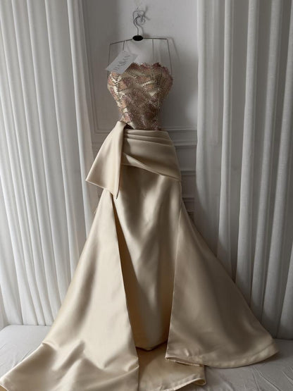 Strapless Beaded Satin Mermaid Evening Gown