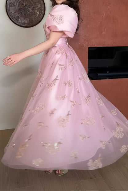 Floral Embroidered Puff Sleeve A-Line Tulle Gown