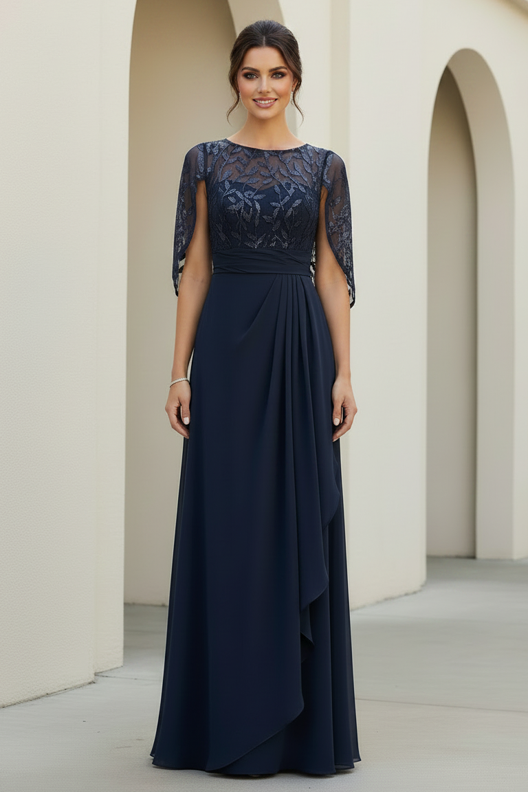 Chiffon A-Line Evening Gown with Sequined Capelet Bodice