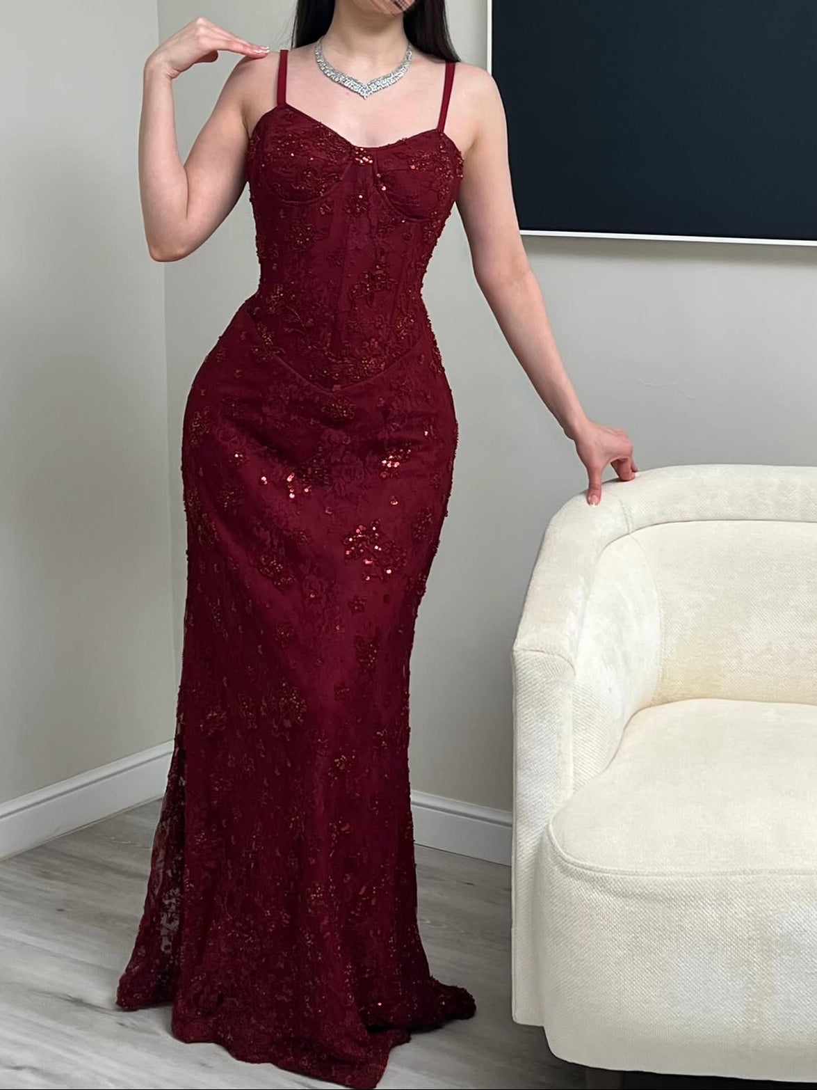 Corset Lace Evening Gown with Spaghetti Straps