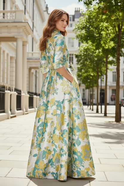 Floral Print Maxi Shirt Dress with Bow-Tie Waist