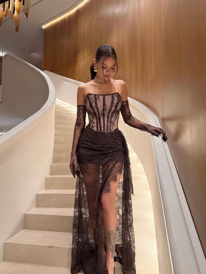 Strapless Lace Corset Maxi Dress with Gloves