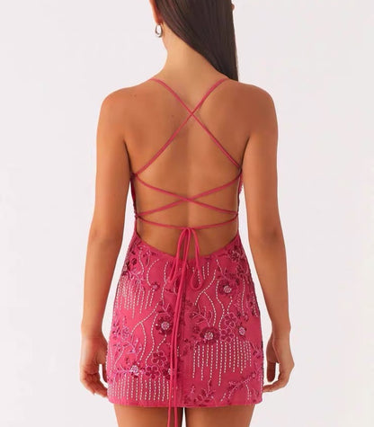 Backless Beaded Floral Bodycon Mini Dress