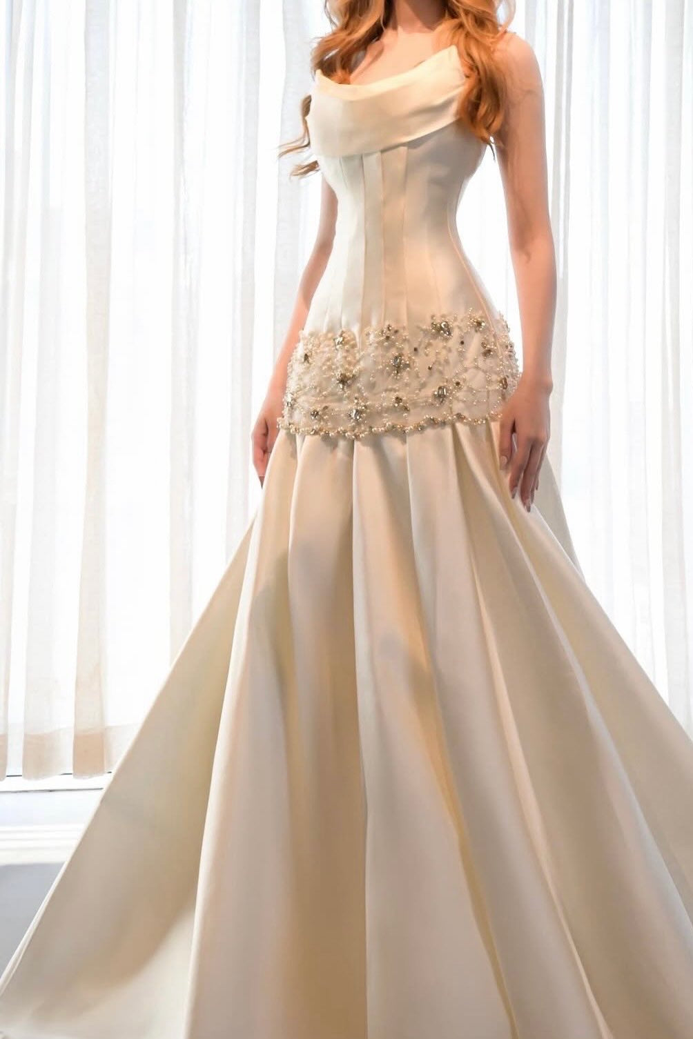 Satin Corset Ball Gown with Beaded Waist Detail