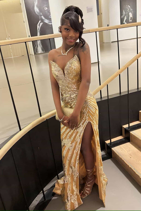Strapless Sweetheart Sequin Gown with High Slit