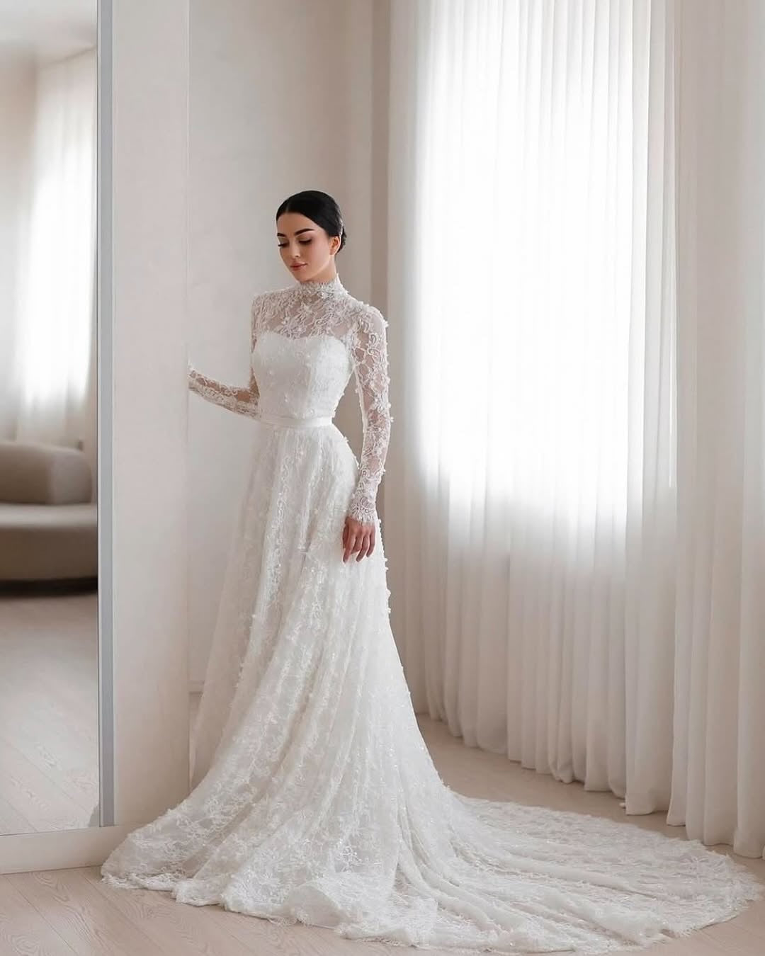 High Neck Lace Long Sleeve Wedding Dress