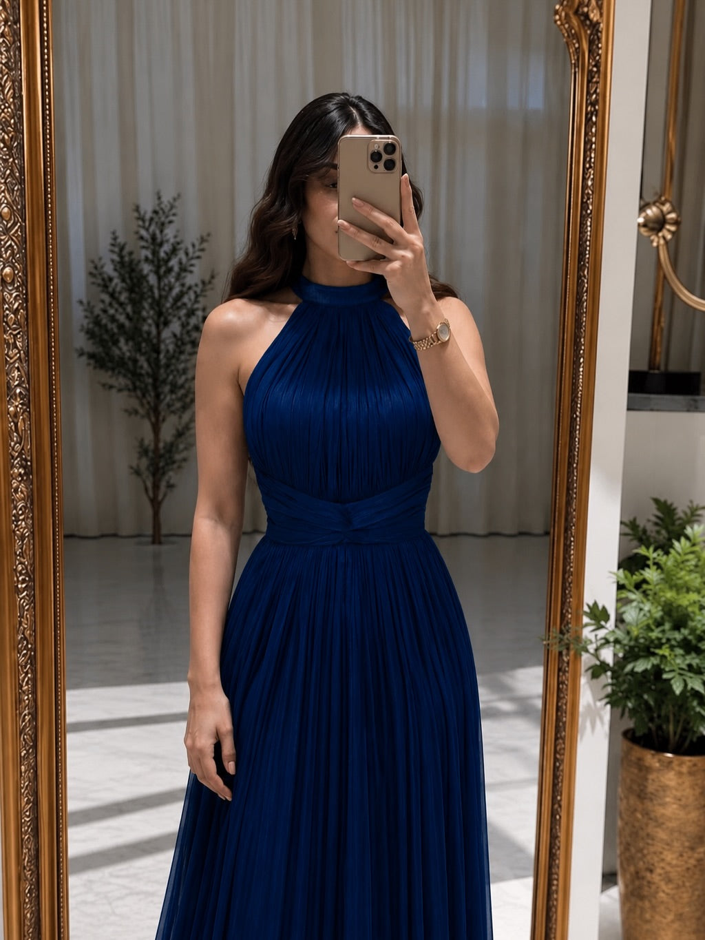 Pleated Halter Maxi Dress with Front Slit