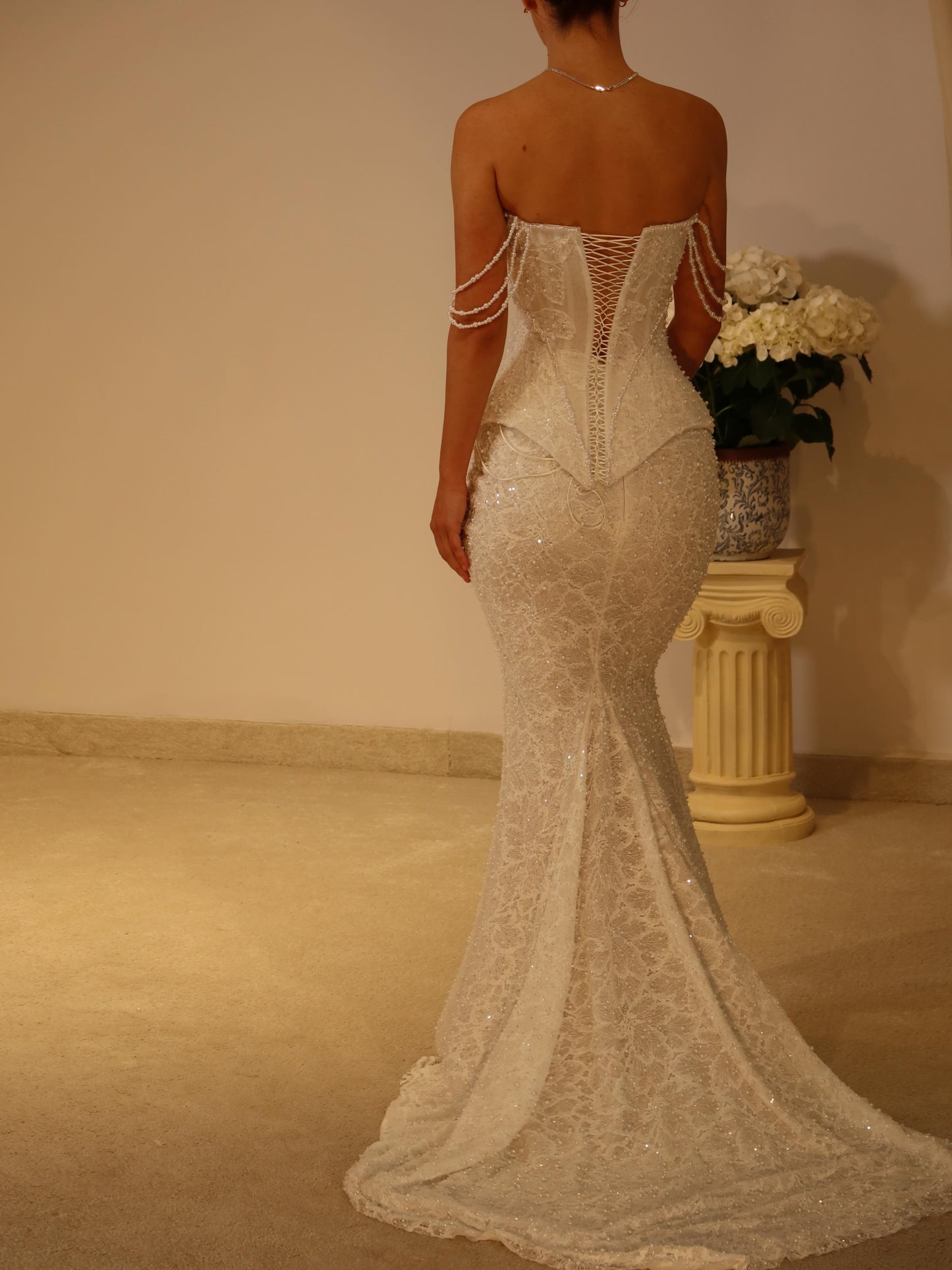 Lace Mermaid Corset Wedding Dress with Pearl Straps
