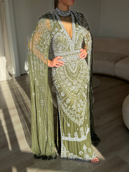 Embellished Cape Evening Gown with Illusion Neckline
