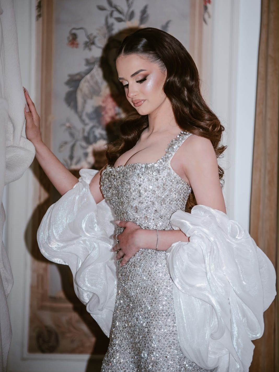 Beaded High-Slit Gown with Ruffled Statement Sleeves