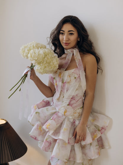One-Shoulder Tiered Organza Ruffled Mini Dress