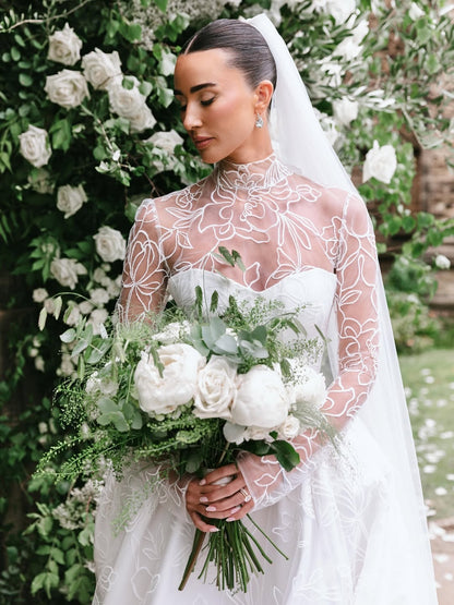 Embroidered High-Neck Ball Gown Wedding Dress with Pockets