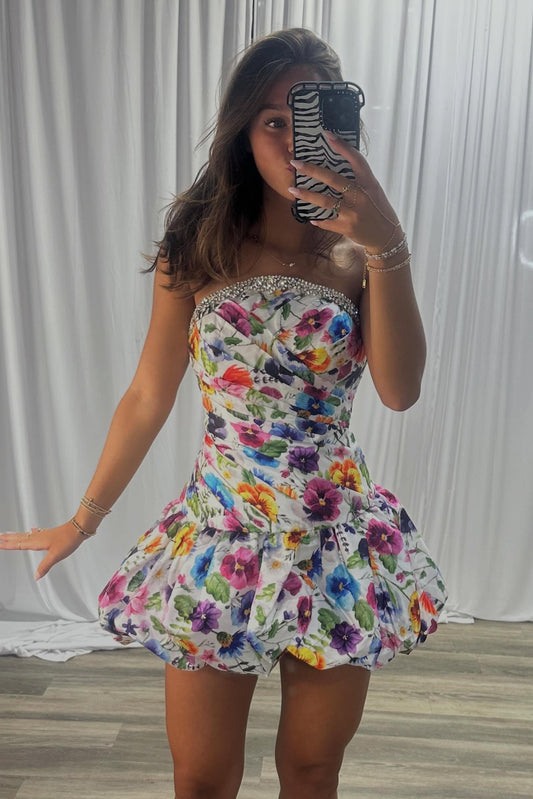 Strapless Floral Bubble Skirt Mini Dress