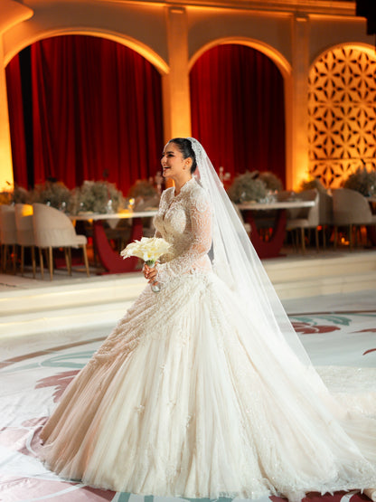 High-Neck Lace Ball Gown Wedding Dress