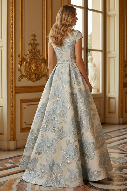 Floral Jacquard Lapel V-Neck A-Line Gown