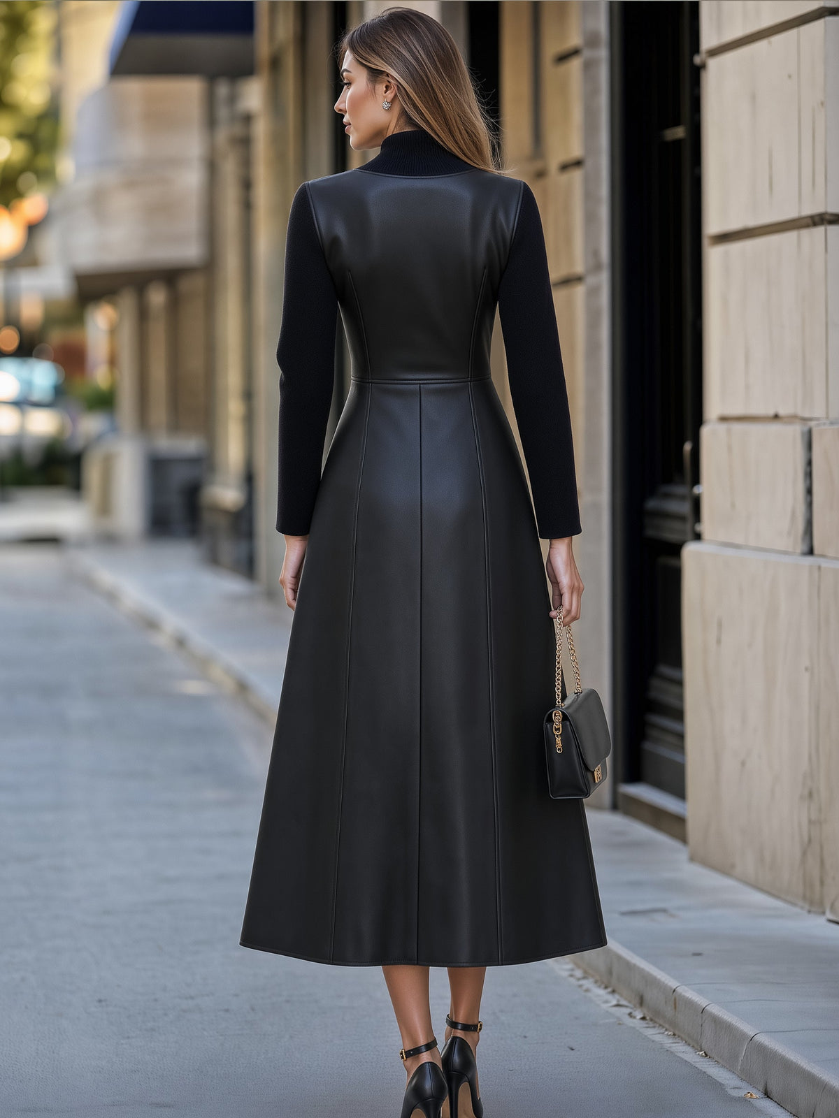 A-Line Midi Dress with Front Zip and Long Sleeves