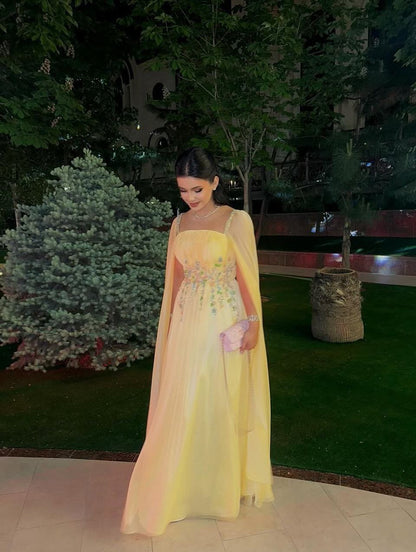 Embroidered Cape Sleeve Chiffon Evening Gown