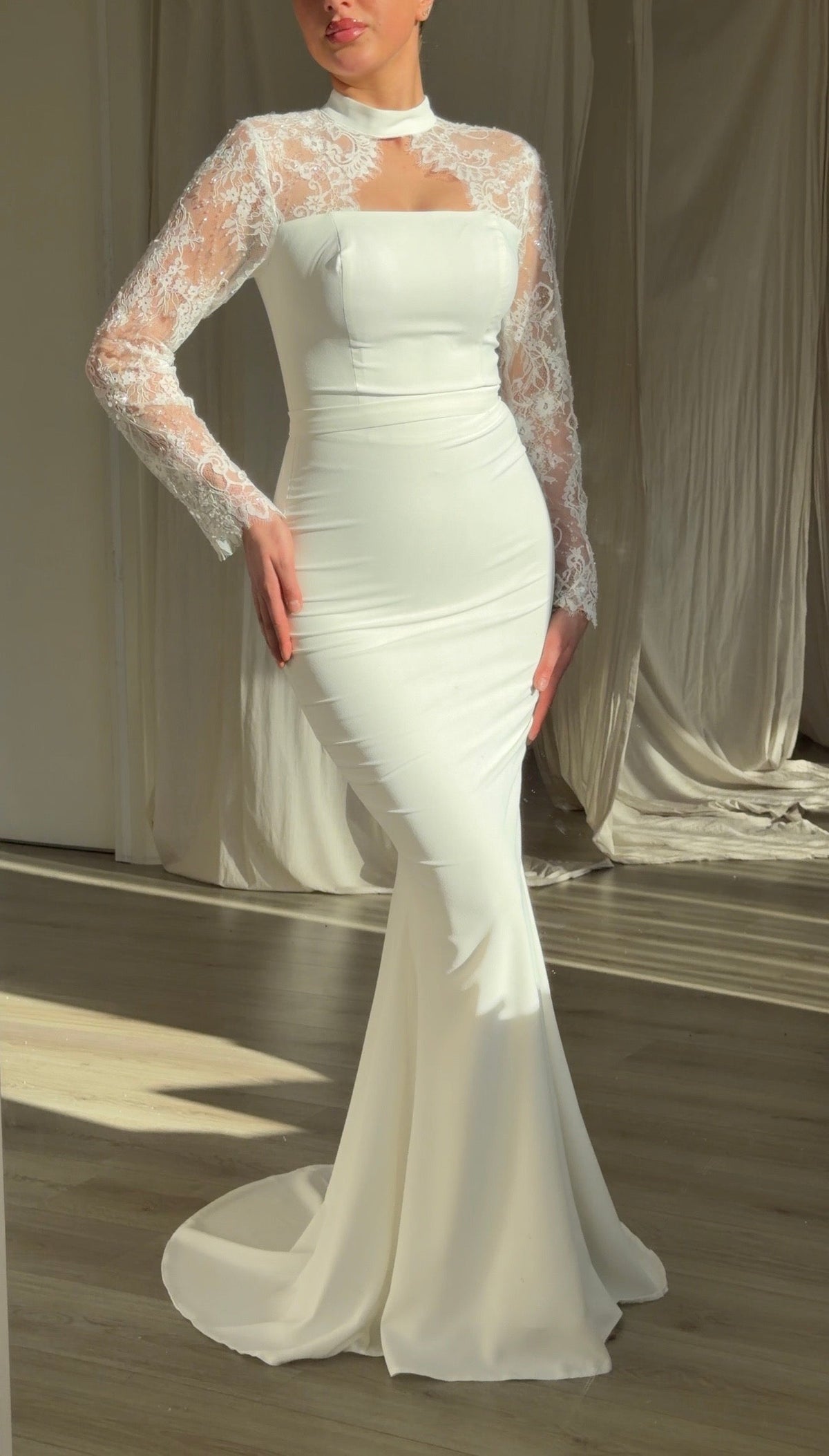 Lace-Yoke Long Sleeve Mermaid Evening Gown
