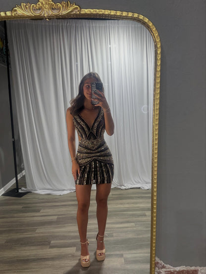 Sequined Deep V-Neck Backless Bodycon Dress