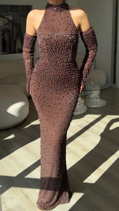 Pearl Embellished Halter Maxi Dress with Sleeves