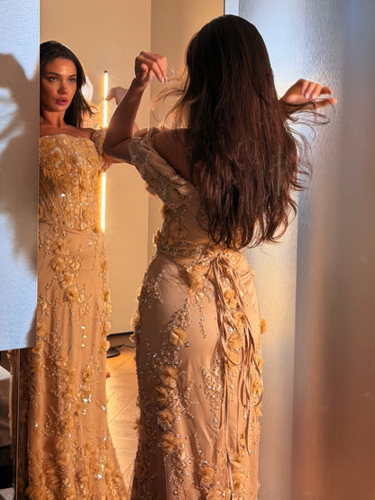 3D Floral Applique Corset Evening Gown with Sleeves
