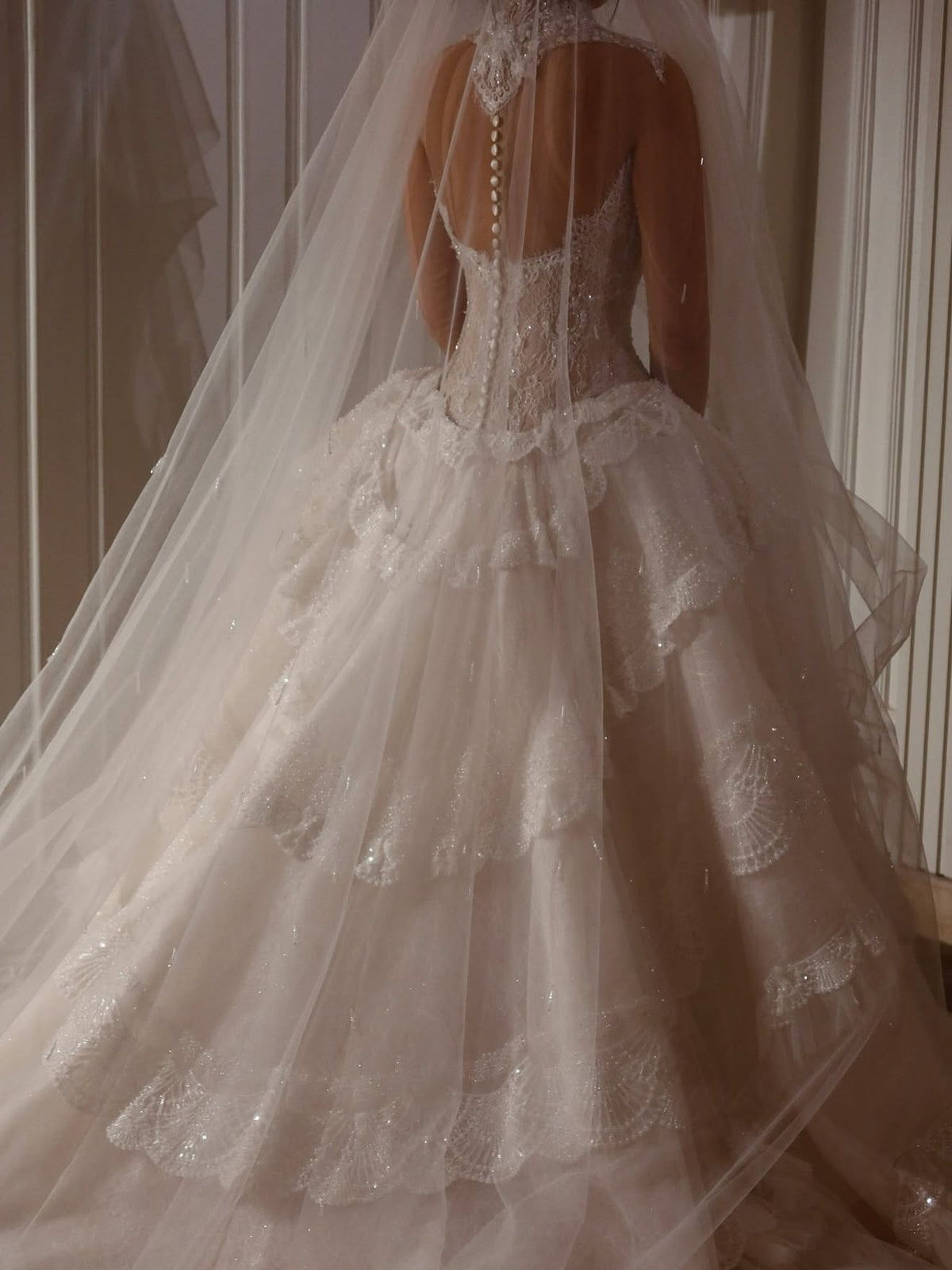 Beaded Lace Ball Gown Wedding Dress with Tiered Skirt