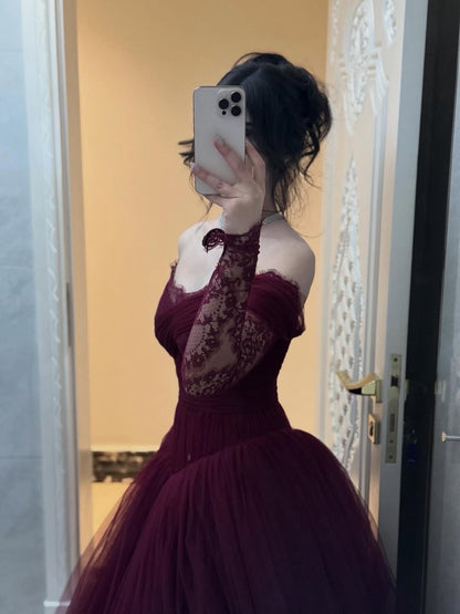 Off-Shoulder Lace Sleeve Ball Gown