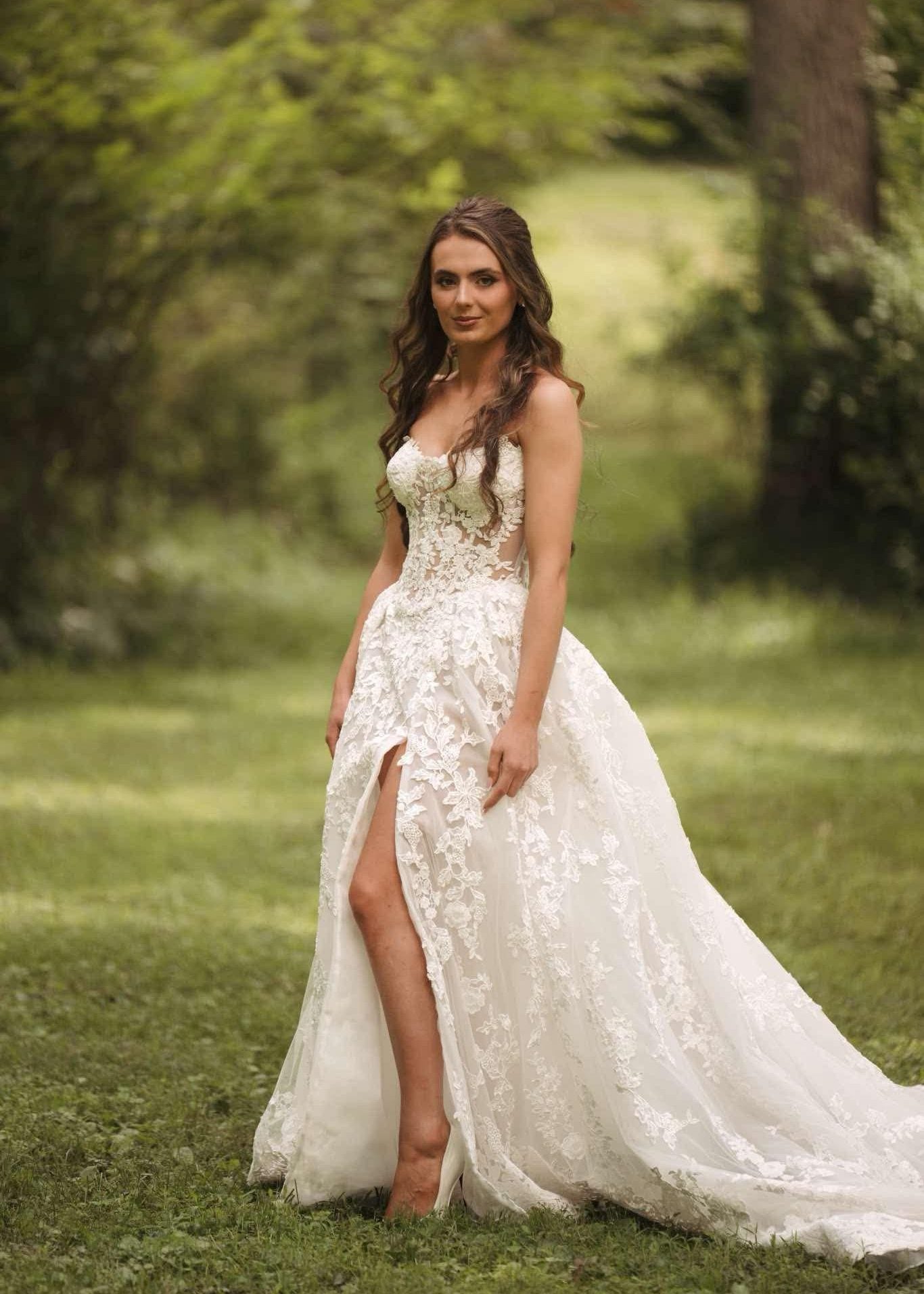 Strapless Lace Ball Gown with Cathedral Train