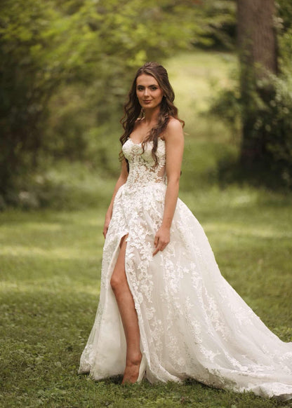 Strapless Lace Ball Gown with Cathedral Train
