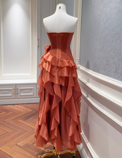 Strapless Asymmetrical Ruffled Evening Gown