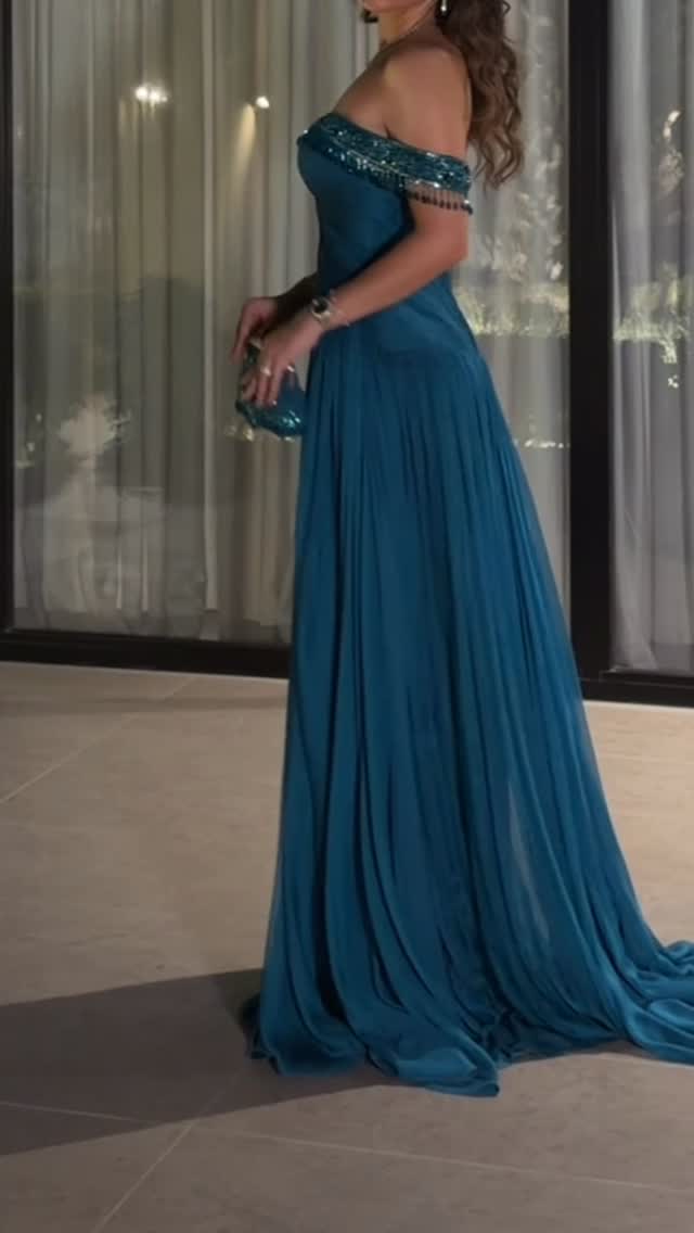 Off-the-Shoulder Beaded Evening Gown with Pleated Skirt