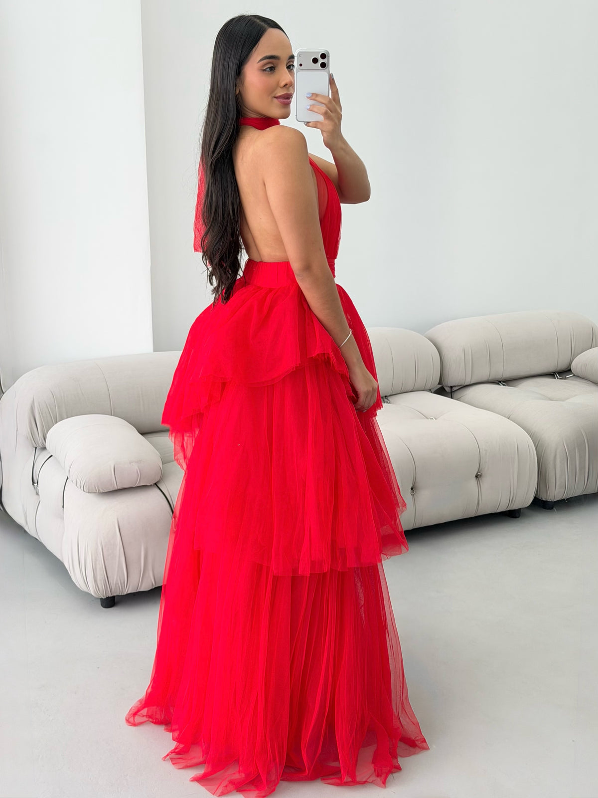 Tiered Tulle High-Neck Gown with Open Back