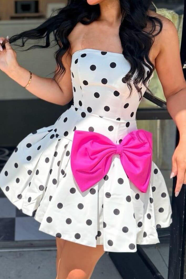 Strapless Polka Dot Mini Dress with Bow Accent