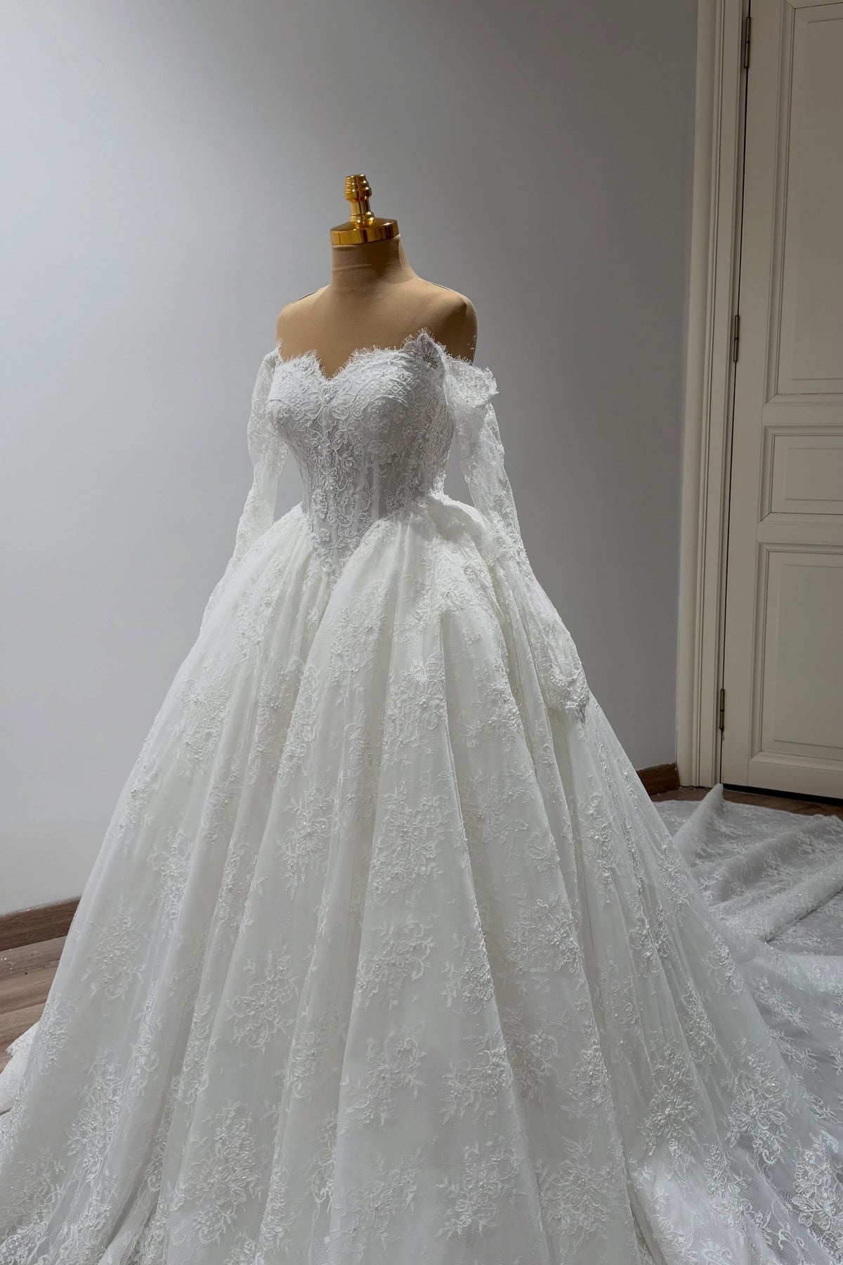 Off-the-Shoulder Lace Ball Gown Wedding Dress