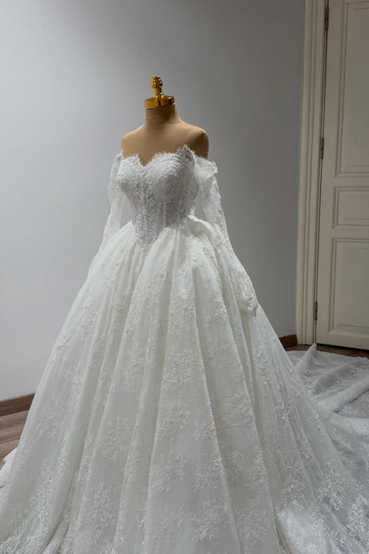 Off-the-Shoulder Lace Ball Gown Wedding Dress