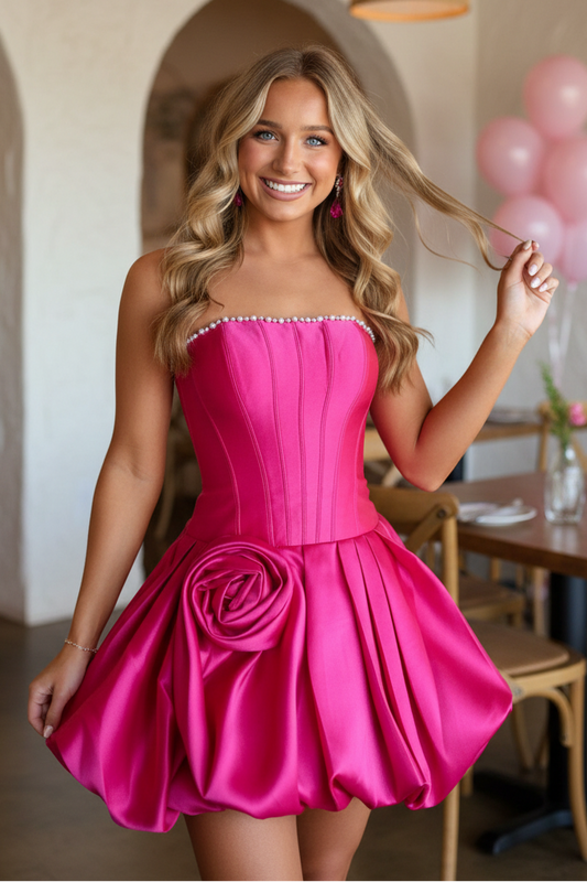 Strapless Pearl Trim Corset Bubble Mini Dress