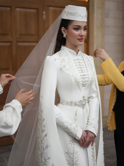 High-Neck Embroidered Bridal Gown with Cape Sleeves