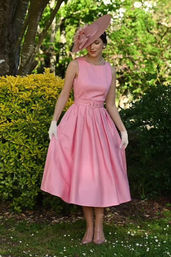 Sleeveless Tea-Length A-Line Dress with Belt