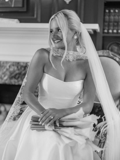 Satin A-Line Wedding Dress with Pleated Train Skirt
