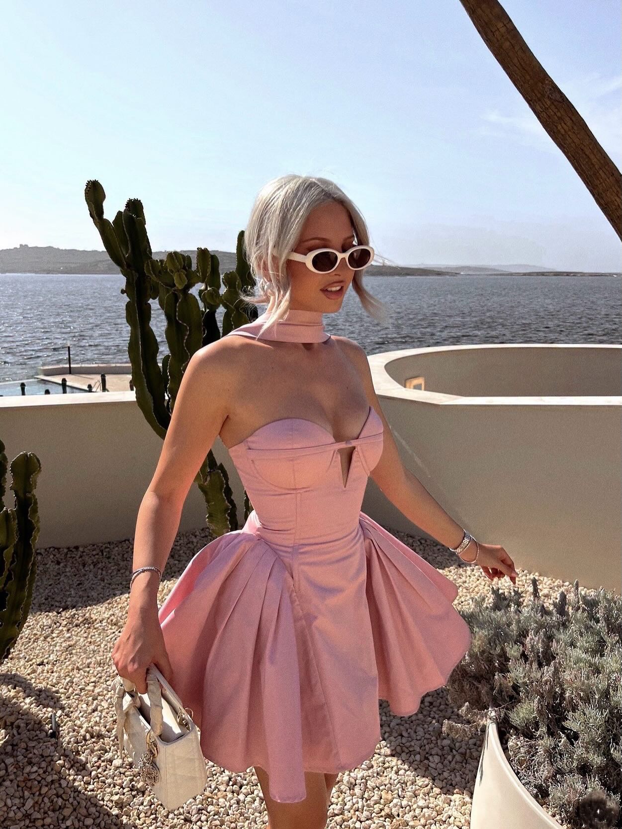 Strapless Sweetheart Cut-Out Pleated Mini Dress