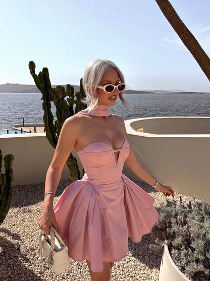 Strapless Sweetheart Cut-Out Pleated Mini Dress
